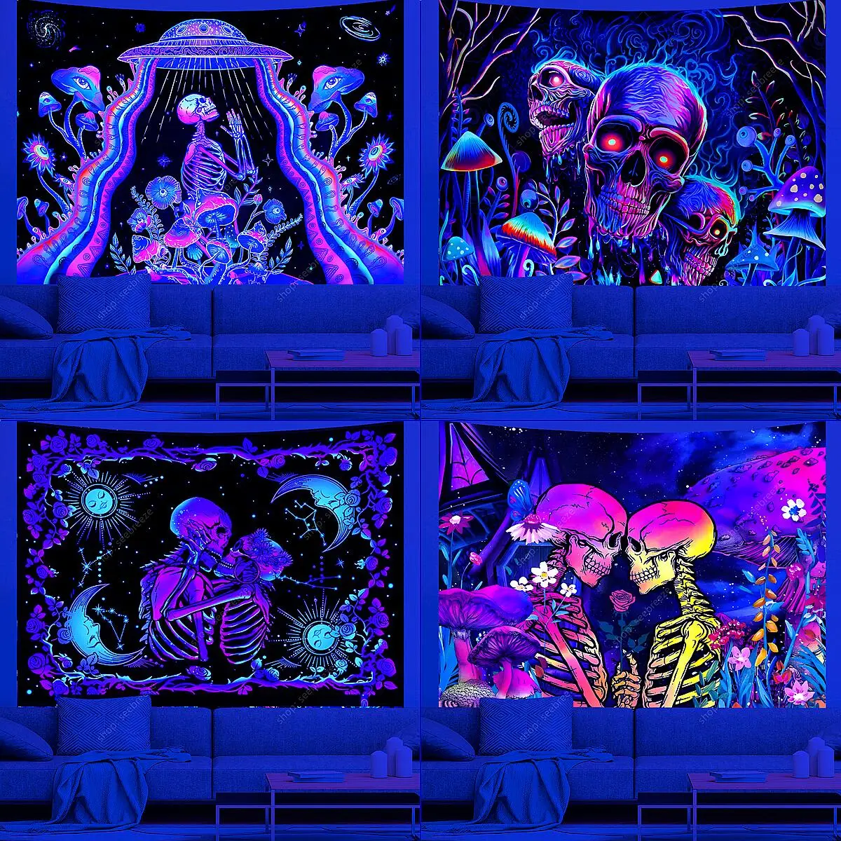 Psychedelic Skeleton UV Reactive Wall Tapestry Hippie Skull Tapestry Wall Hanging for Bedroom Aesthetic Dorm Decor Party Decor