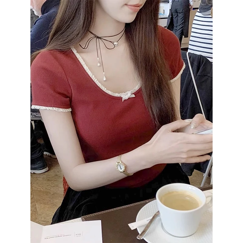 Chiclace 짧은 소매 니트 티셔츠 여성 여름 Bm 스타일 순수한 욕망 달콤한 매운 소녀 슬리밍 일반 어깨 탑