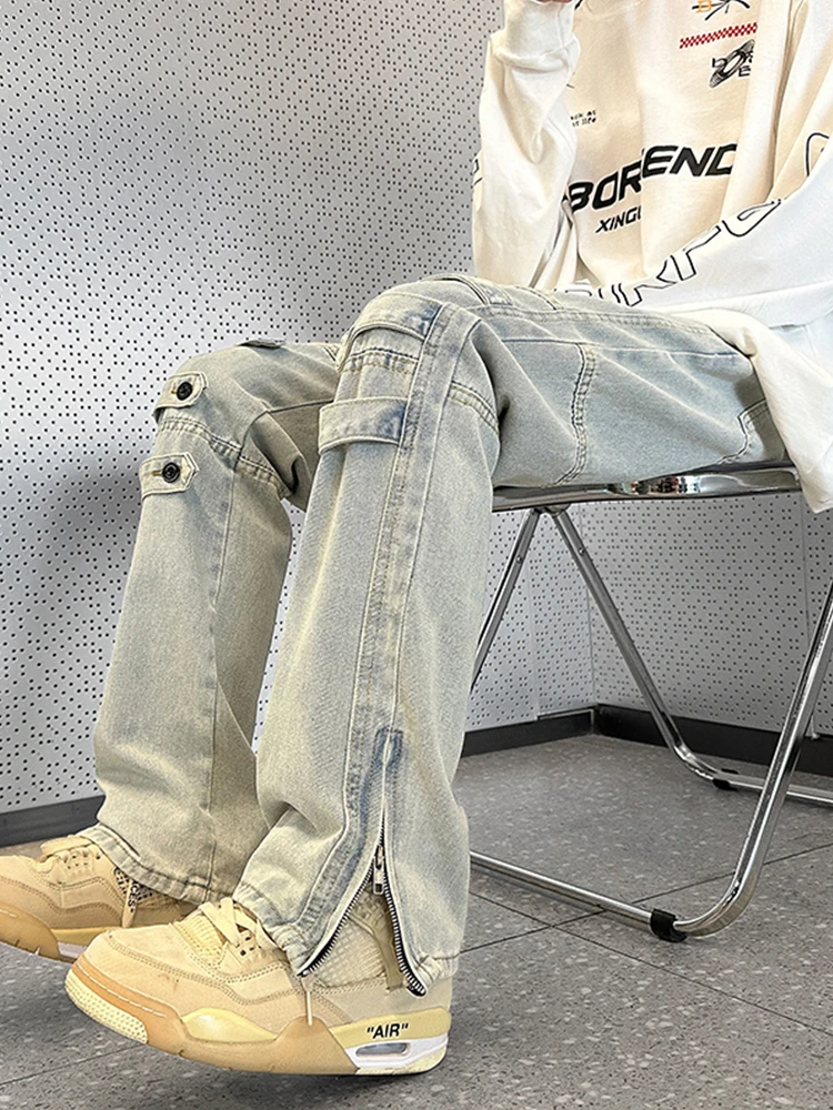 

Retro Heavyweight Yellow Mud Men's Jeans Straight Loose Design Spring Autumn Trendy Brand Casual Wear Resistant Cotton Denim