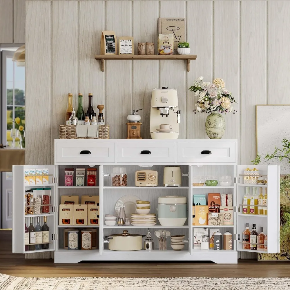 Armário buffet com armazenamento, aparadores com 4 portas, armário de armazenamento de cozinha com 6 prateleiras ajustáveis, café moderno Ba