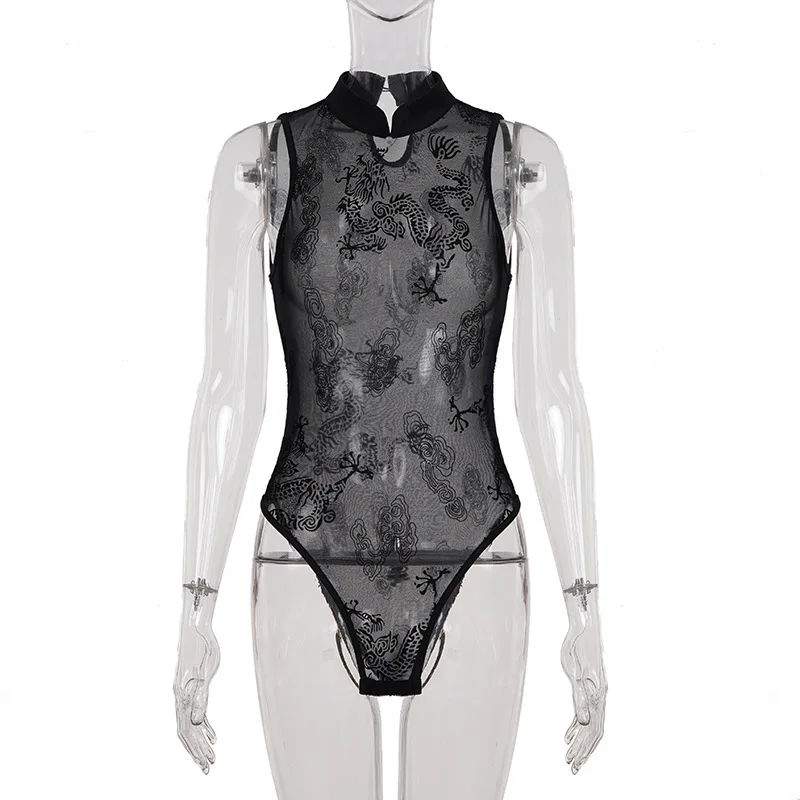 Spicy girl retro style sexy mesh slightly transparent sexy black sleeveless jumpsuit women