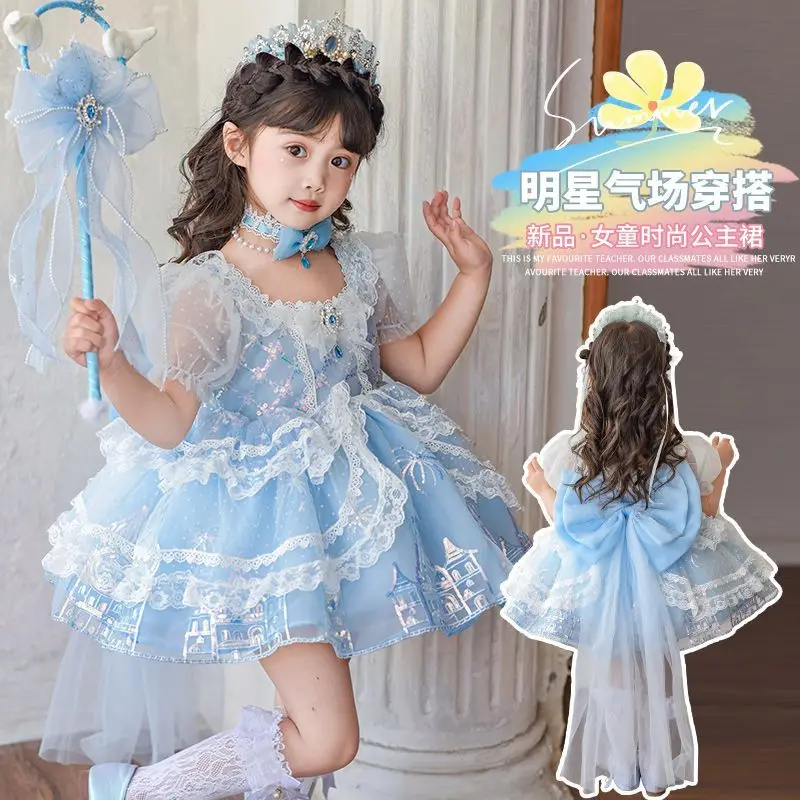 Baby Girl Summer Vintage Lolita Blue Shiny Layed Lace Princess Ball Gown Cute Dress Birthday Holiday Party Eid Child Clothing