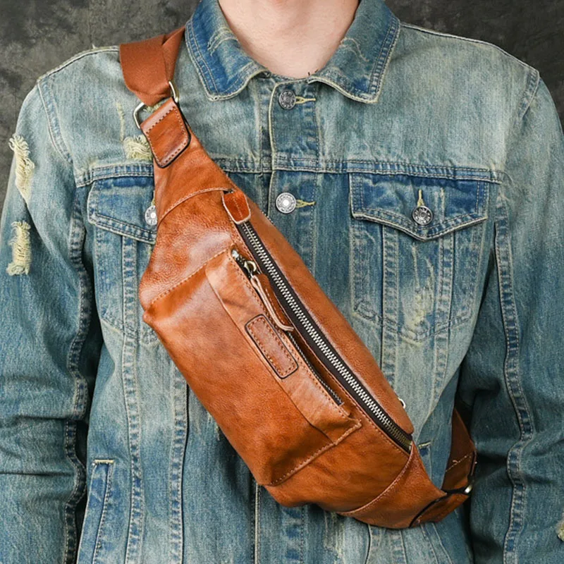 

Distressed Genuine Leather Fanny Pack Adjustable Strap Multi Carry Chest Waist Bag Vintage Tan Crossbody Bag Men Daily Outdoor