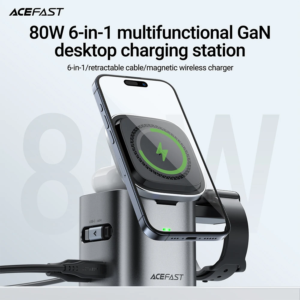 

ACEFAST 6 in 1 Multifunction 15W Magnetic Wireless Charging Station For iPhone 16 15 GaN PD65W Charging Cube USB C Fast Charging