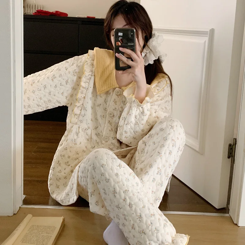 Conjunto de pijamas de algodão puro feminino outono inverno quente mangas compridas pijamas bonito confortável homewear aconchegante loungewear pijamas