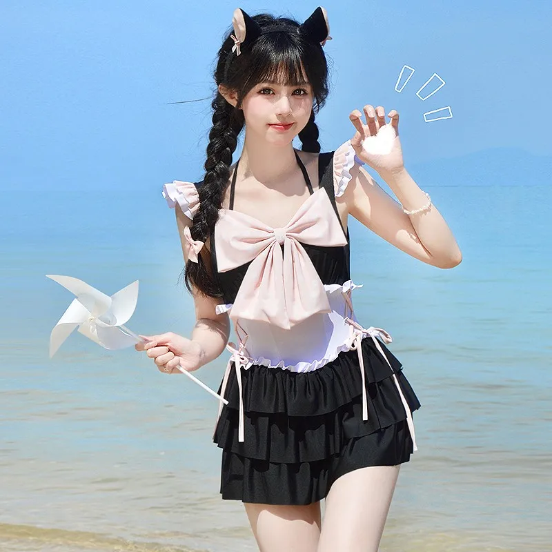 Swimsuit Girl 2025 Summer New JK Lolita Lace-up Triangular One-piece Swimwear Sweet Bow Pool Party Sexy Cute Suspender Swimsuits