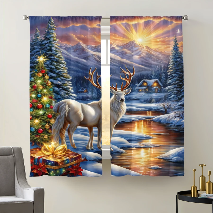 2PCS Christmas Winter Curtains, White Deer Tree Snowy Cabin, Digital Print, Bedroom Living Room, Home Decor Window Drapes