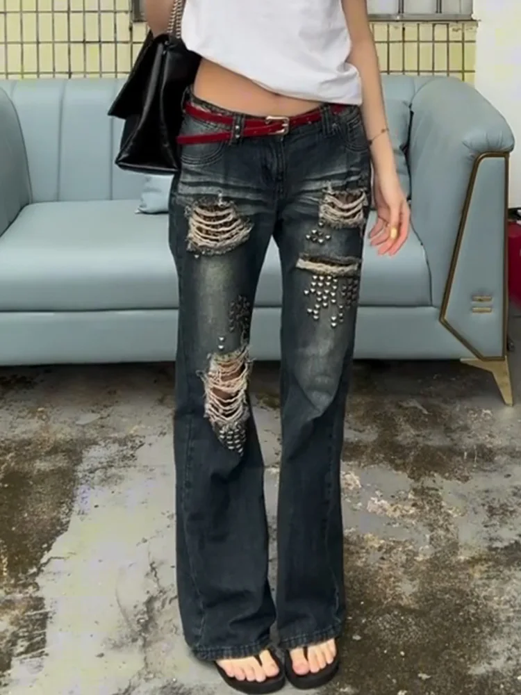 Retro American Style Distressed Jeans Loose Micro Flared Pants with Rivet Design for Women Spring Autumn New Style