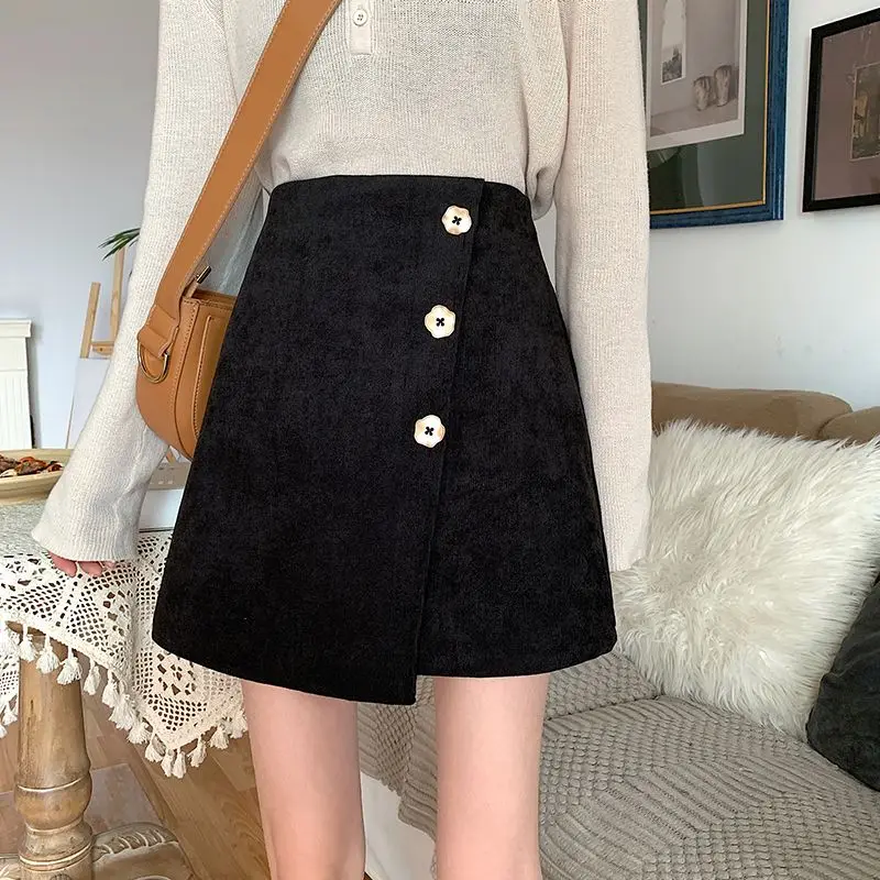 Autumn Winter New Petal Button Irregular Half-body Corduroy Pit Stripe A-line Short Skirt Women Inside with Safety Pants