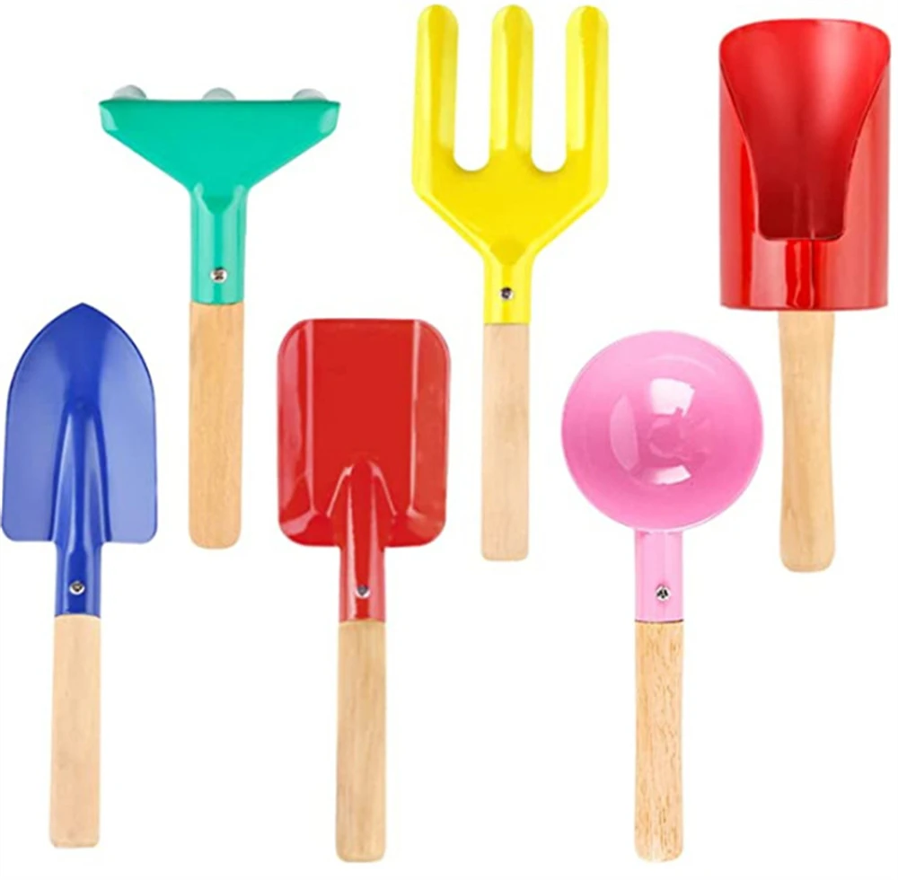 Colorful 6pcs Multifunctional Kids Gardening Tool Set for Sand Snow Play with Shovel Rake Hoe Spoon Container Durable Garden Kit
