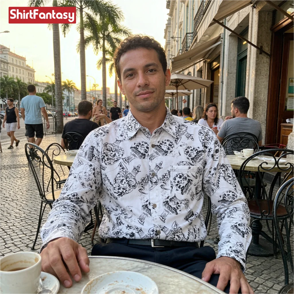 Vintage Porcelain Print Shirt Men Retro Ceramic Vase Pattern Long Sleeve Button Down Blouse Artistic Casual Loose Top Streetwear