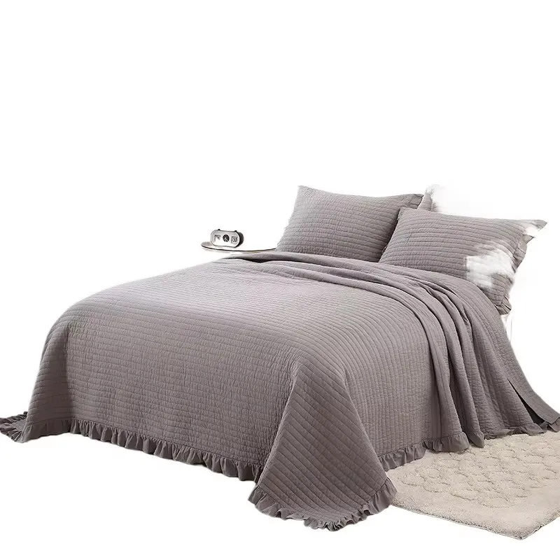 

Minimalist 100% Cotton Quilt Set with Lace & Striped Embroidery, Grey Solid Color 3 Piece Bedding, Elegant Bedspread & Coverlet