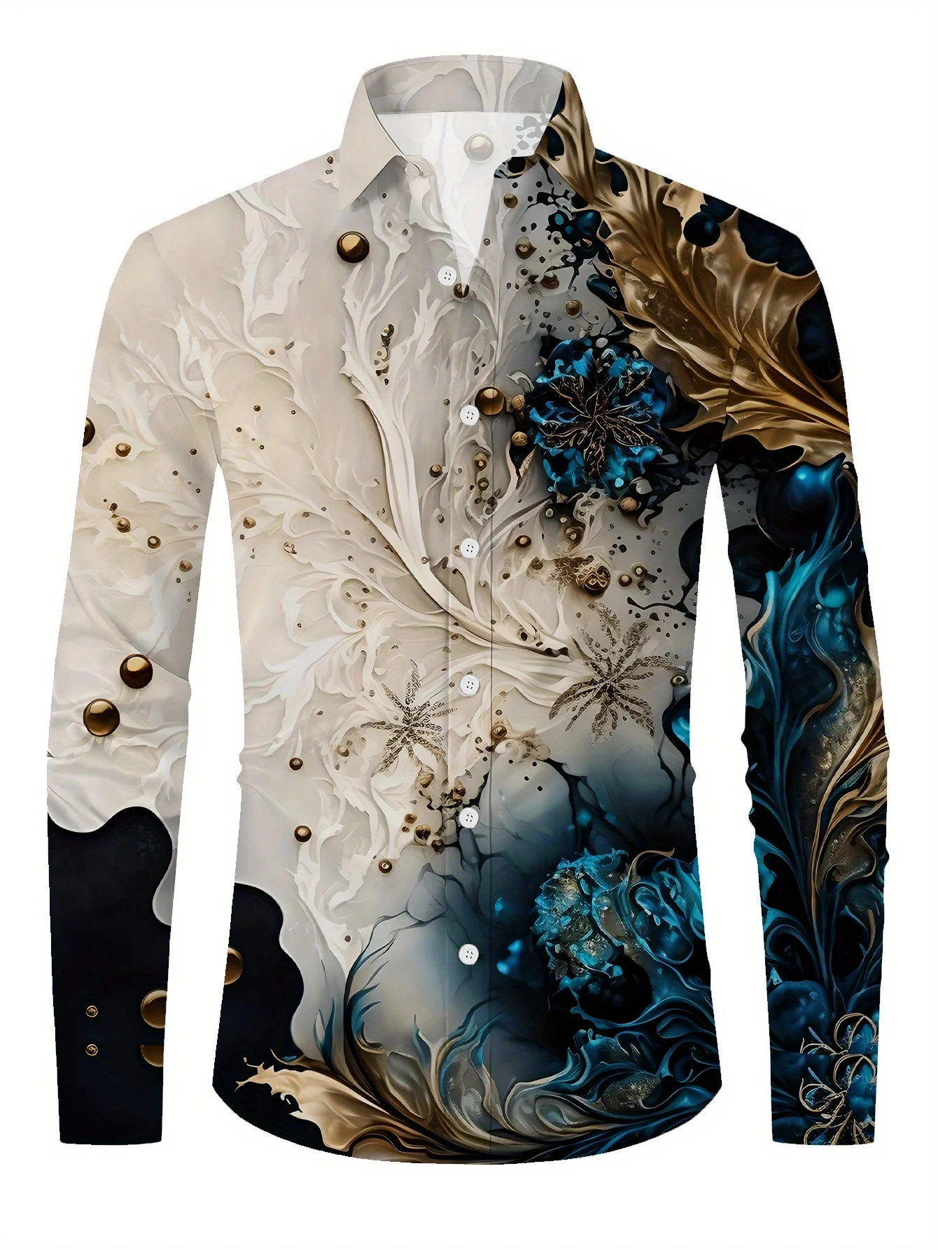 

Men'S Stylish Dopamine Print Long-Sleeve Shirt - All-Over Cloud , All-Season Wear, Casual Attire|Modern Casual Shirt