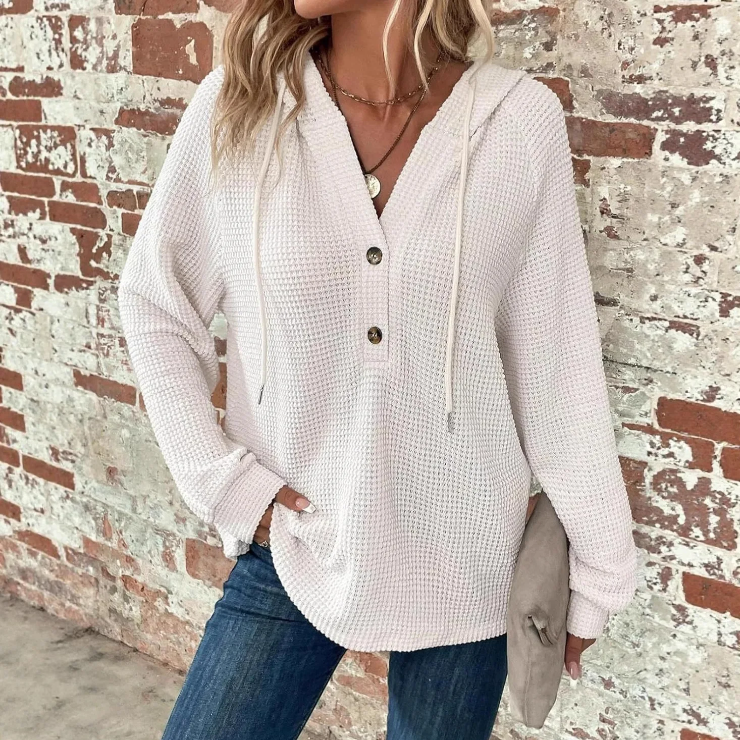Hoodies women 2026 casual New Waffle knit drawstring button V-neck long-sleeved sports sweatshirt women's clothing