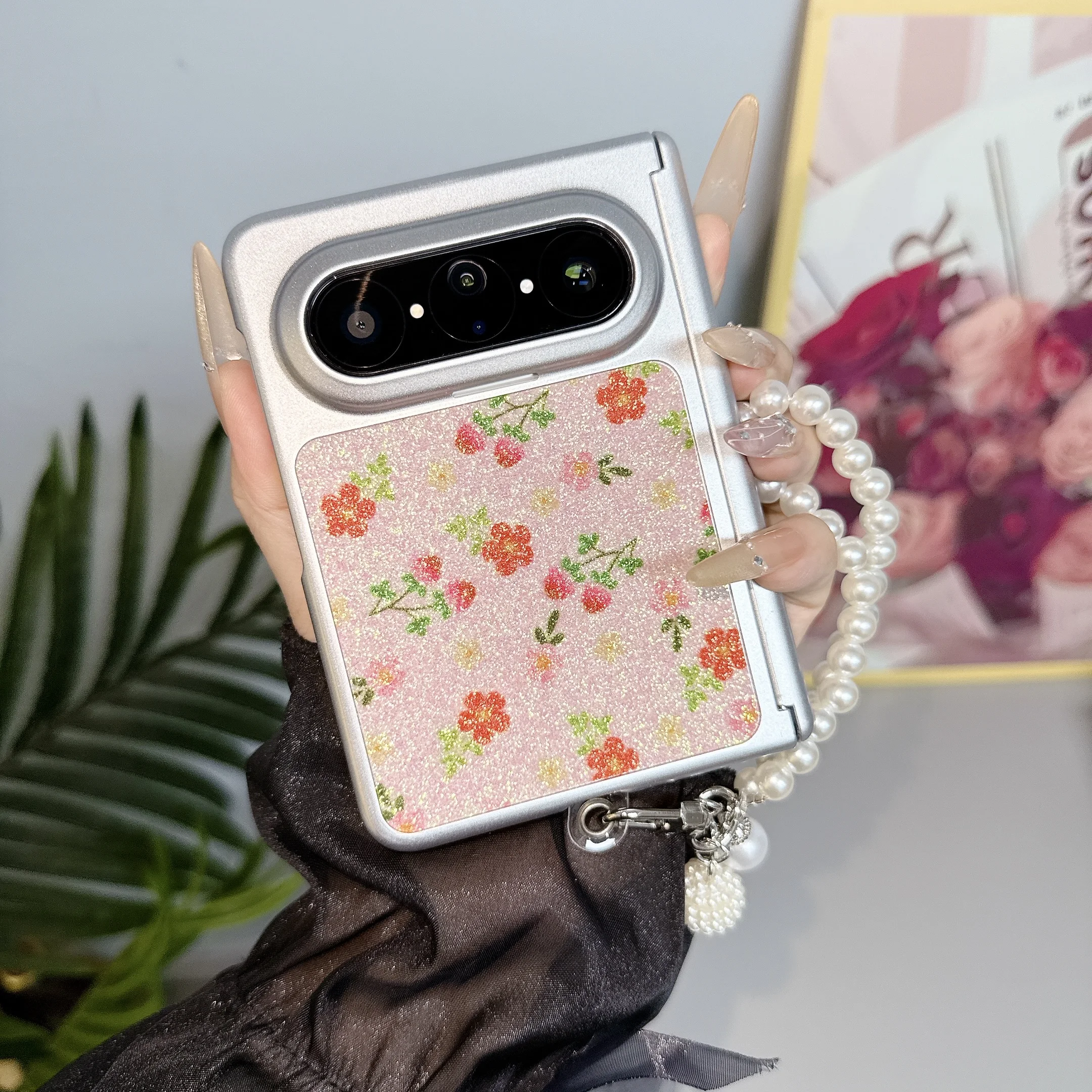 

For Huawei Pura X Max Sparkle powder Floral pattern protective Hinge Case