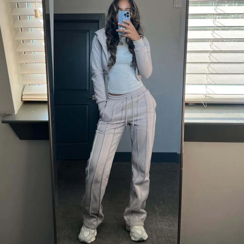 Two Piece Sets Women Pant Set Hoodies Sweatshirts Tracksuit Matching Jogger Sets Zipper Coats Long Pants Lace Up Y2k Streetwear