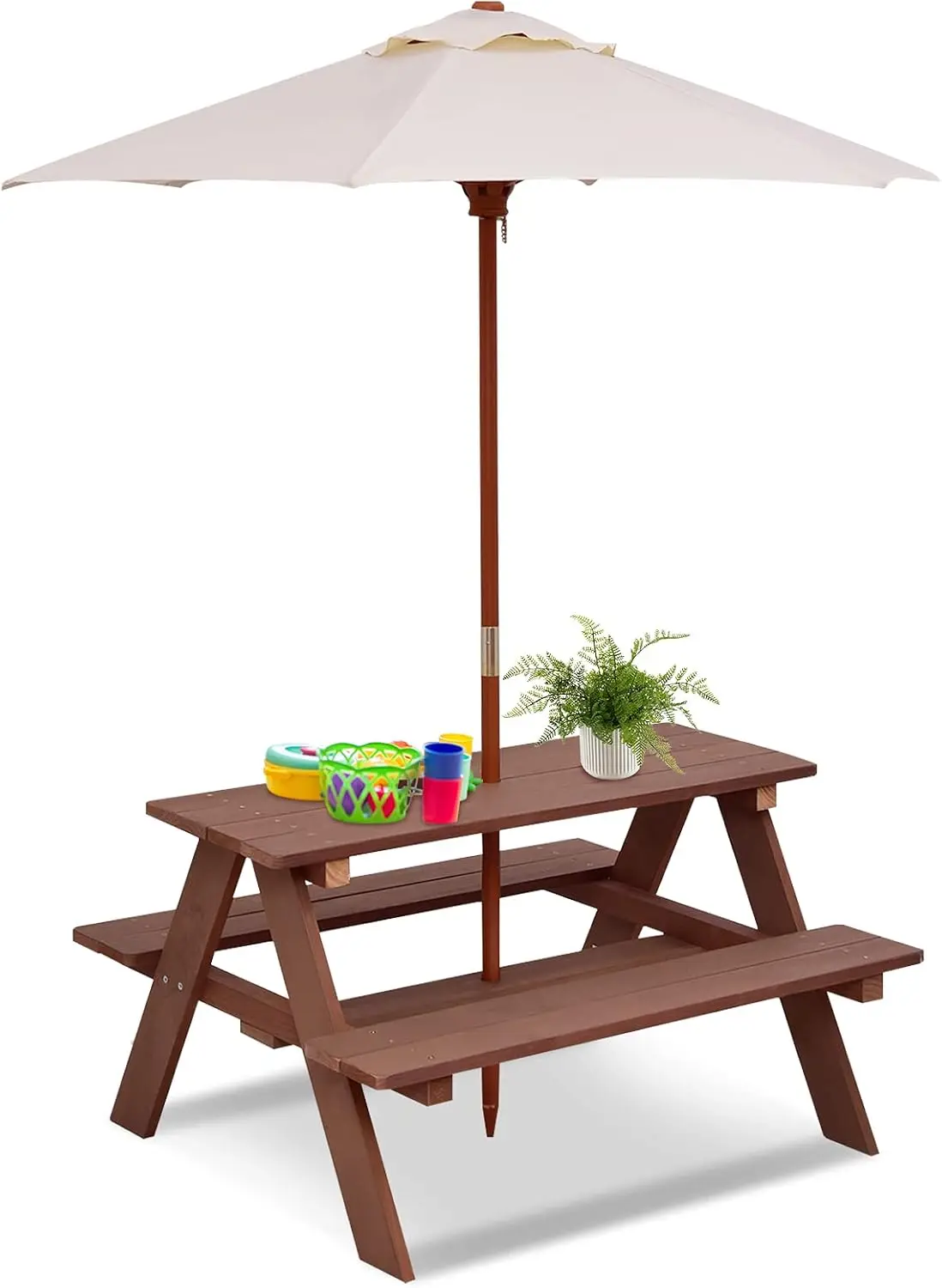 

Kids Picnic Table with Removable Umbrella, Outdoor Wooden Bench Set for Patio Garden, Toddler Furniture Gift