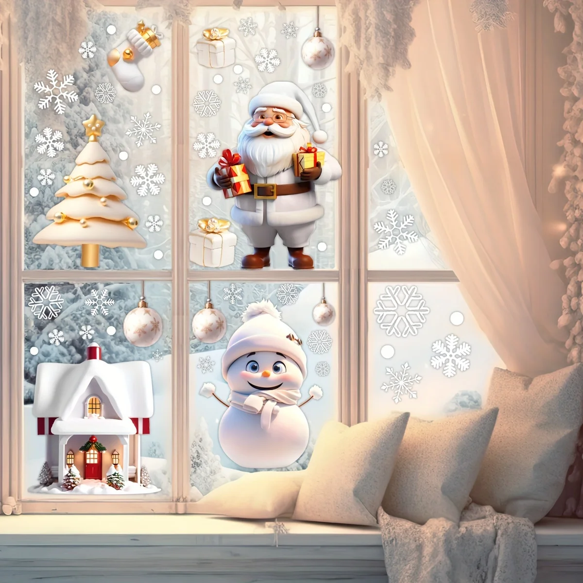 4/8 Sheets 3D Cartoon Christmas Window Clings, Santa Snowman Xmas Tree Gingerbread House & Snowflake Decals, Removable Glass