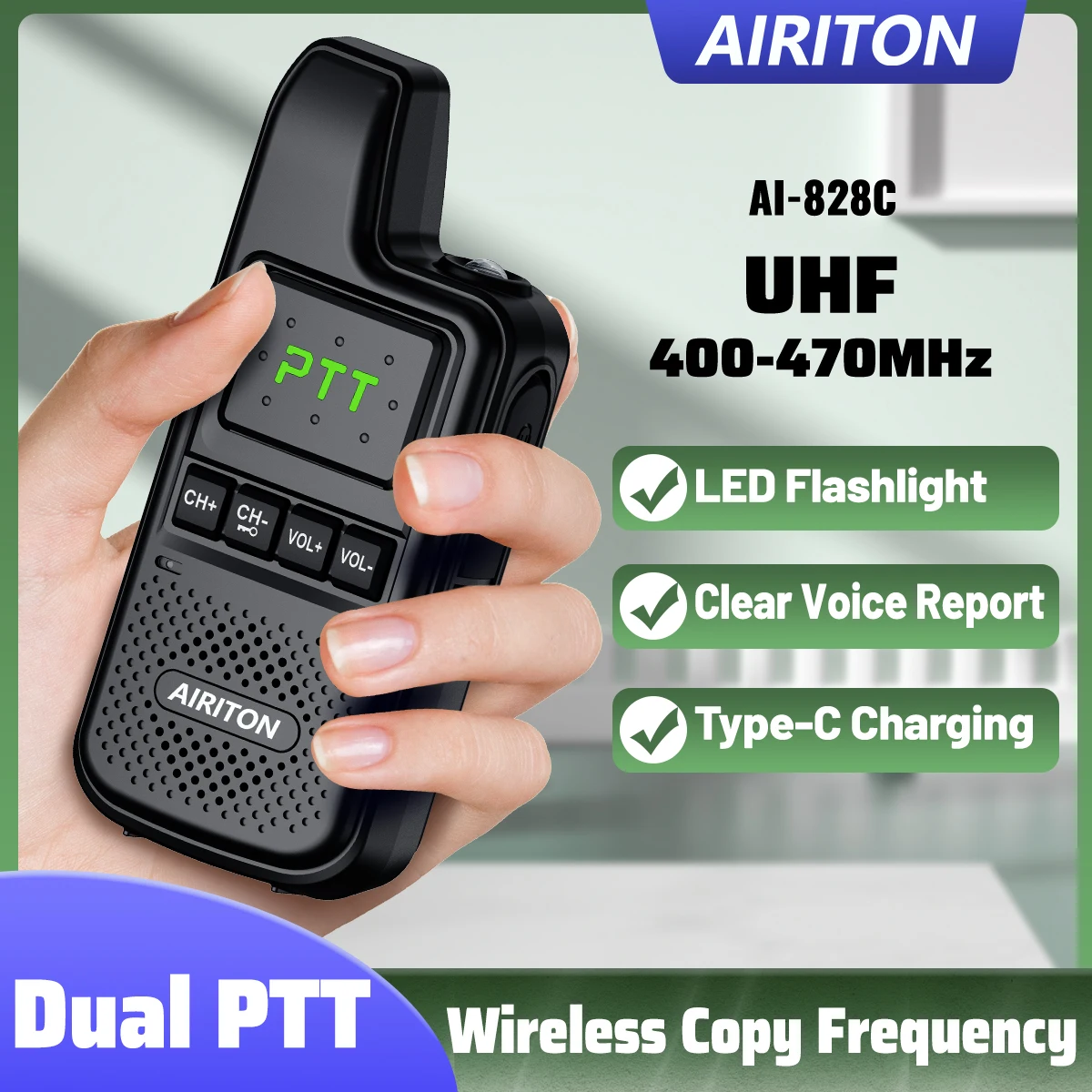 AIRITON AI-828C Walkie Talkie Dual PTT UHF One Key Frequency Clear Voice Report 16 Channels LED Flashlight Portable Ham Radio