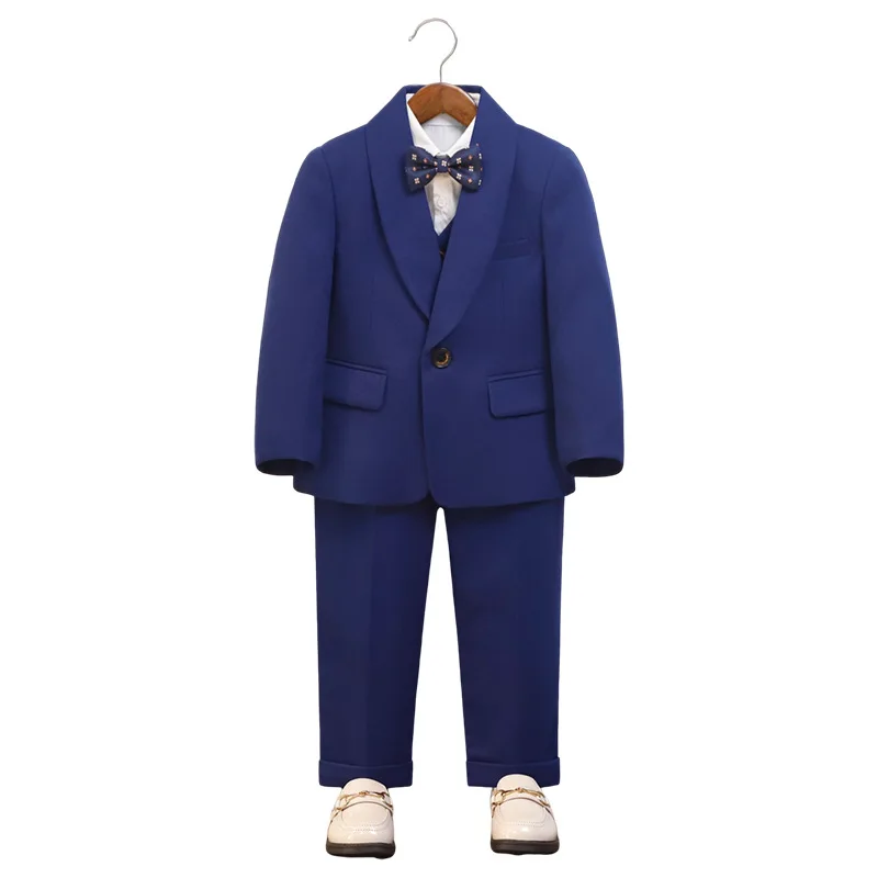 Boys Wedding Photograph Suit Kids Performance Costume Children Royal Blue Luxurious Jacket Vest Pants Bowtie Flower 5PCS Dress