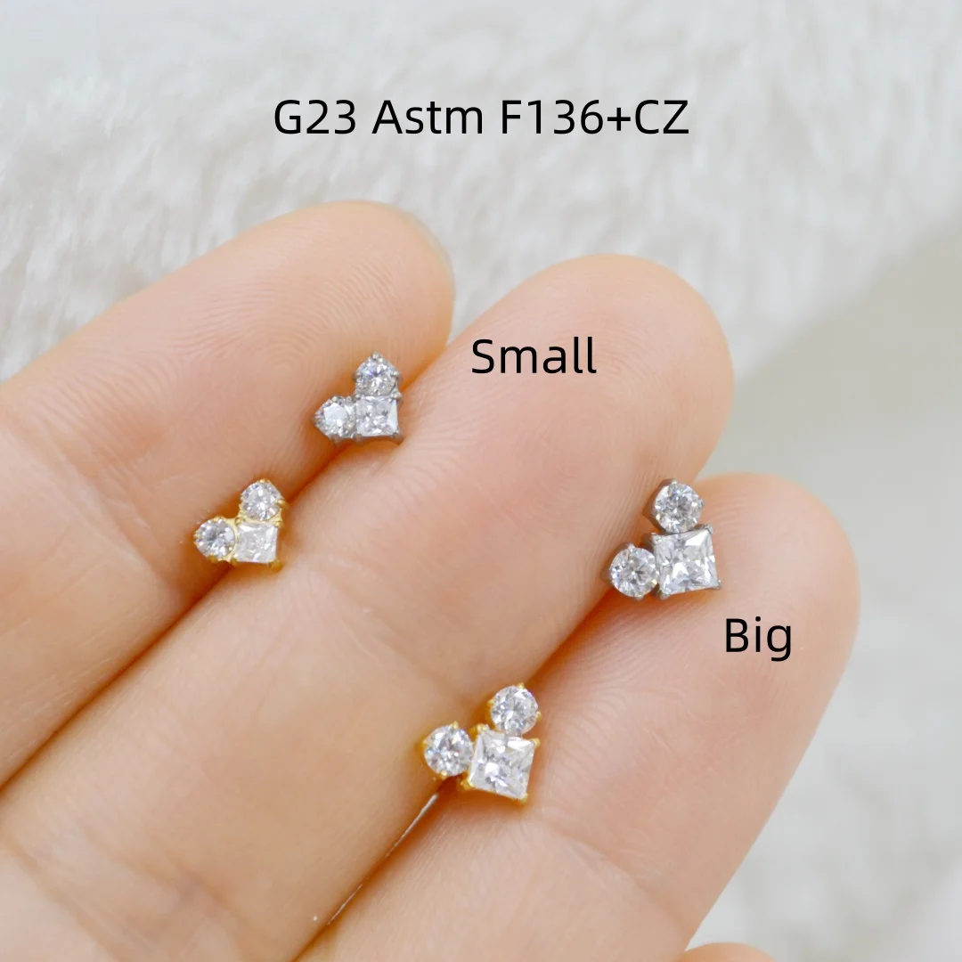 Lot10pcs G23 Titanium Astm F136 Heart CZ Ear Studs Conch Tragus Helix Cartilage 16G Body Piercing Jewelry