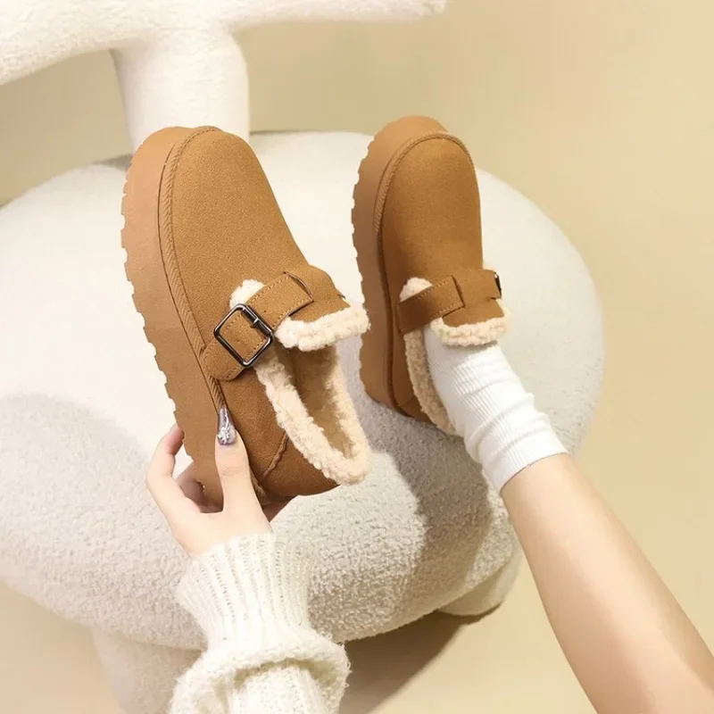 2024 Winter Women Short Plush Warm Snow Boots Casual Shoes New Suede Fur Chelsea Ankle Boots Flats Platform Ladies Shoes Botas