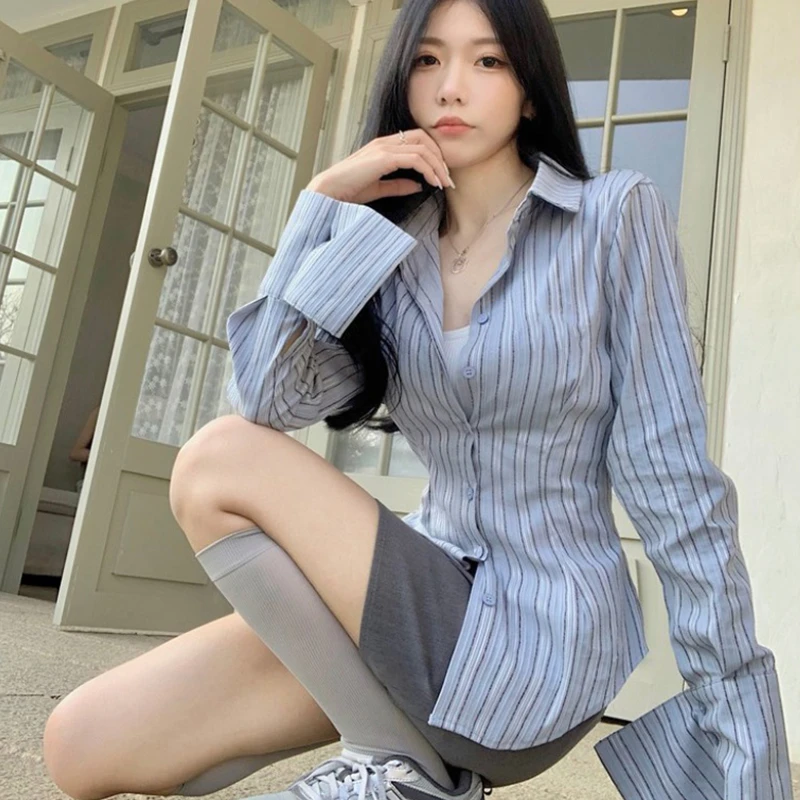 Office Lady Shirts Striped Single-breasted Blouse Women New Long Sleeve Tops Turn-down Collar Korean All-match Shirt