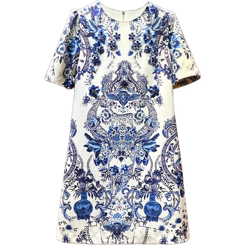 

Vintage Blue and White Porcelain Printing Short Sleeve Dress Loose Waist Women Short A-line Dress Elegant O-neck Diamonds Dress