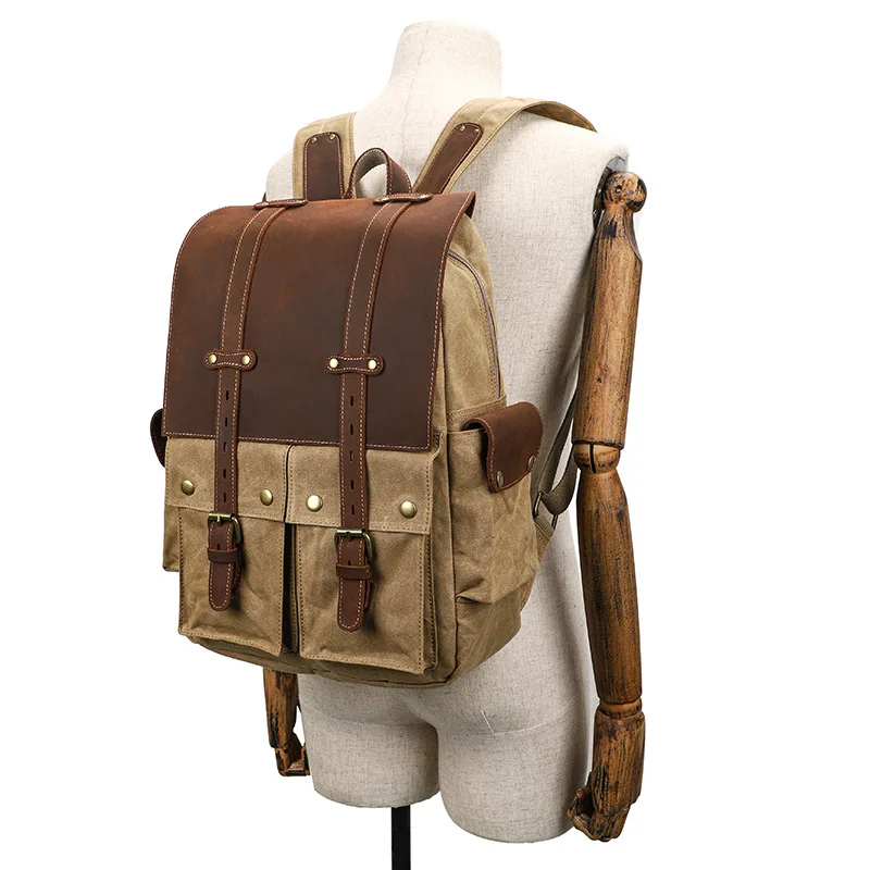Men's canvas backpack large capacity 15 inch computer bag Crazy horse leather travel backpack lightweight waterproof