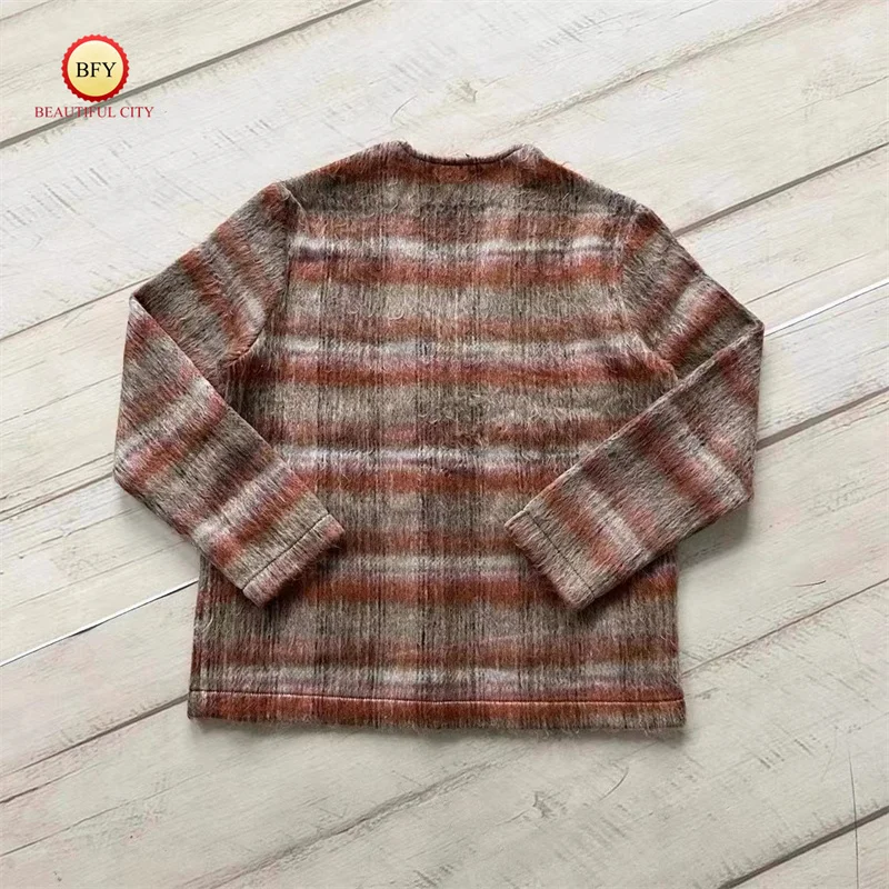 23ss Premium Autumn Winter Our Legacy Brown Plaid Mohair Cardigan Wool Blend Knitwear Sweater V-Neck Mens Womens Jacket