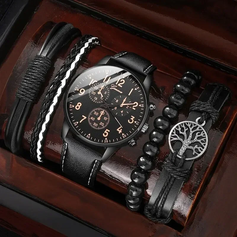 Men's Quartz Casual Three-Window PU Leather Watch, Stylish and Versatile Quartz Business Watch Set