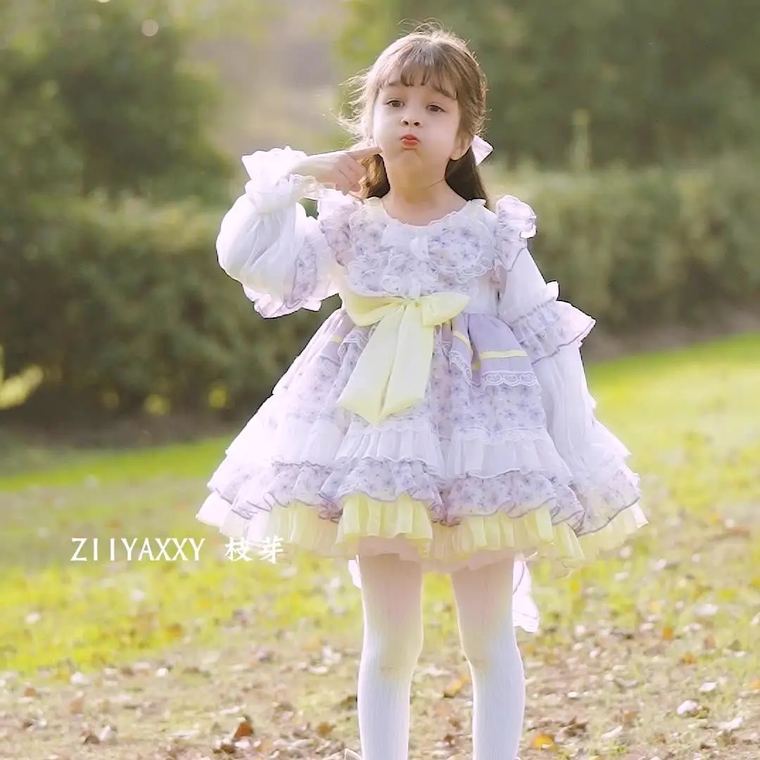 Cute Floral Lolita Dress for Little Girls Tiered Ruffled Skirt Puff Sleeve Party Dress with Yellow Bow Kids Fashion Clothing