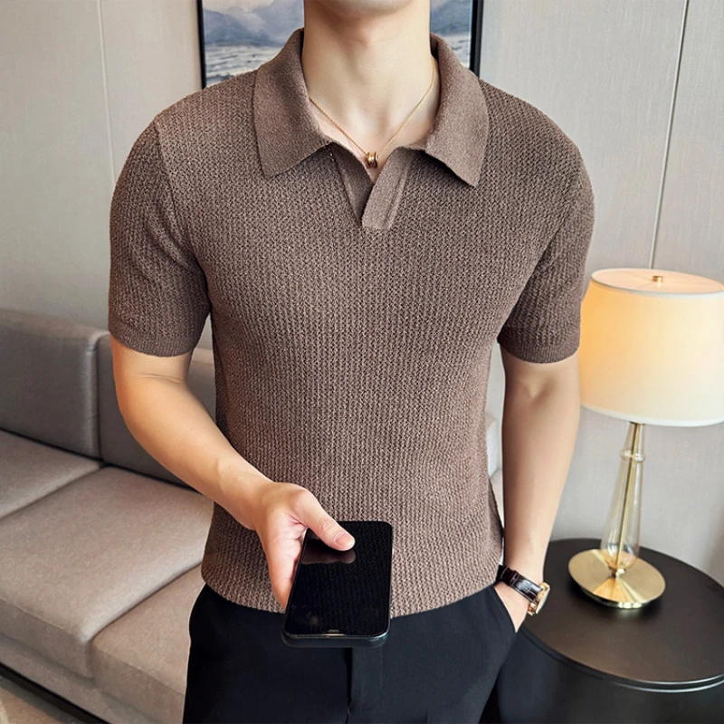 Hollow Knit Short Sleeved T-shirt Summer Casual Business V-neck Polo Shirt Breathable Cool Office Social Lapel Polo Tshirts 4xl