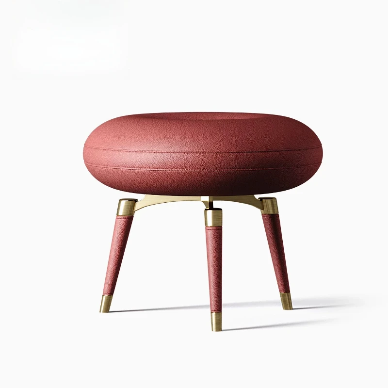 leather round stool, Italian light luxury high-end small round stool, high-end exquisite stool in living room and bedroom