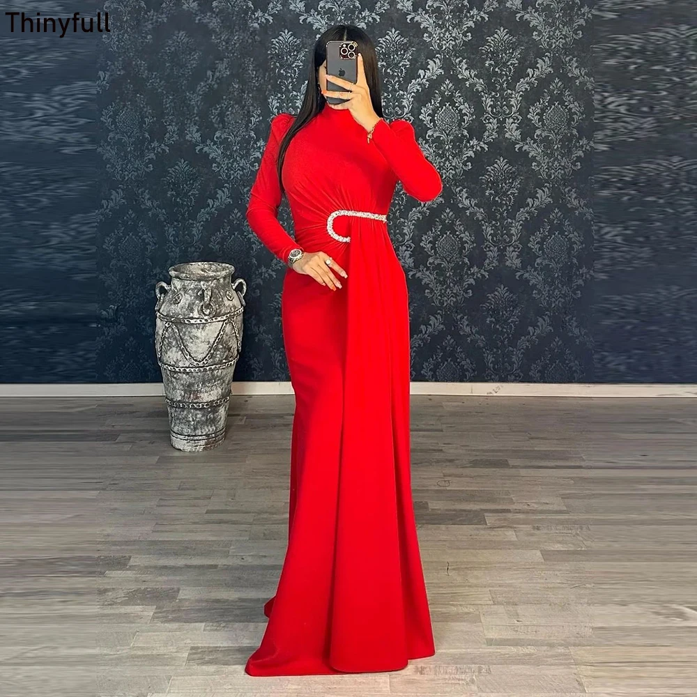 

Thinyfull Red Prom Dress Long Sleeves High Neck Shiny Evening Party Gown 2023 Mermaid Saudi Arabic Women Formal Event Dress