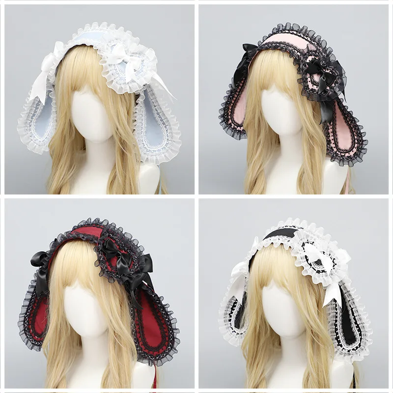 Kawaii Lolita Headband Cute Rabbit Bow Lop Headband Girl Fashion Headdress Black Red Pink Blue Lovely Headwear Cosplay Accessory