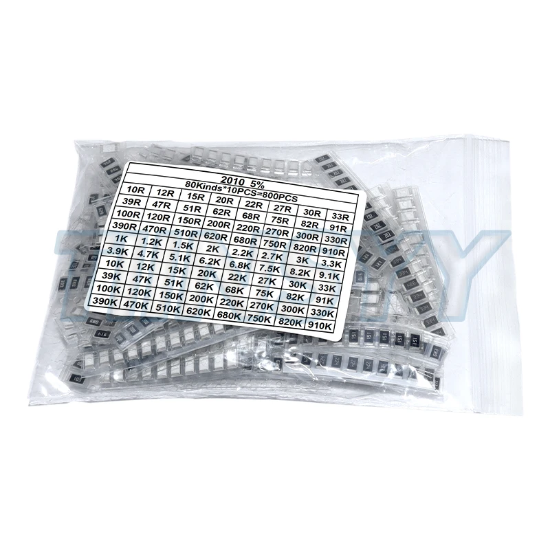800pcs 2010 5% SMD Chip Resistor Assorted Kit 10R - 910K ohm 80values Resistance Sample Set