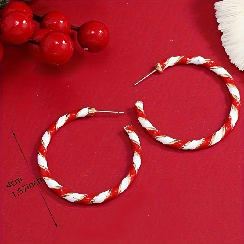 قصب الحلوى الأحمر الأبيض مخطط المينا الأطواق الكبيرة الملتوية، مجوهرات بيان لعيد الميلاد والحفلات والارتداء الدائري العام #4