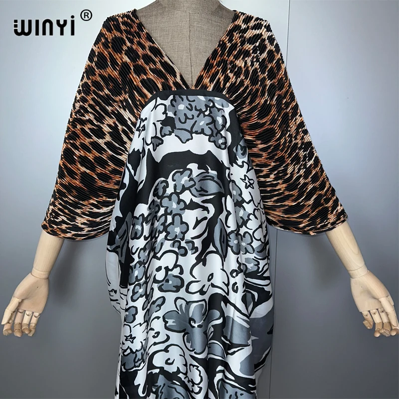 WINYI Abito estivo con stampa leopardata Donna design stropicciato Boho allentato abaya Dubai festa di lusso Elegante abito da sera pieghettato