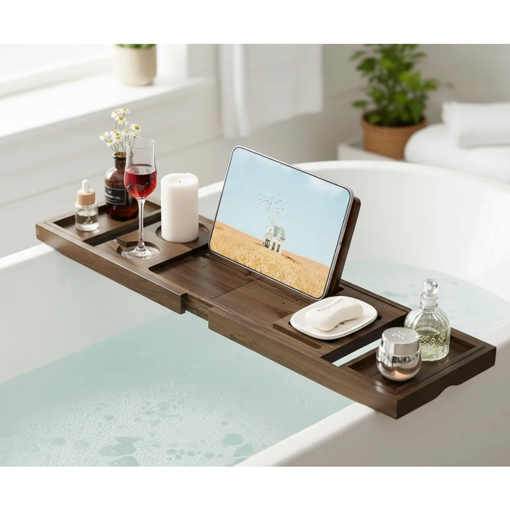

Expandable Teak Bathtub Tray with Book Stand & Wine Holder - Luxury Spa Relaxation Gift for Home