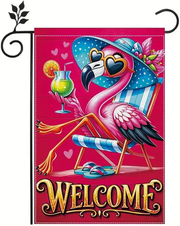Flamingo Welcome Garden Flag 12x18 Inch, Tropical Summer Flamingo Garden Flag, Cute Outdoor Decorative Yard Flag for Lawn Po jjp