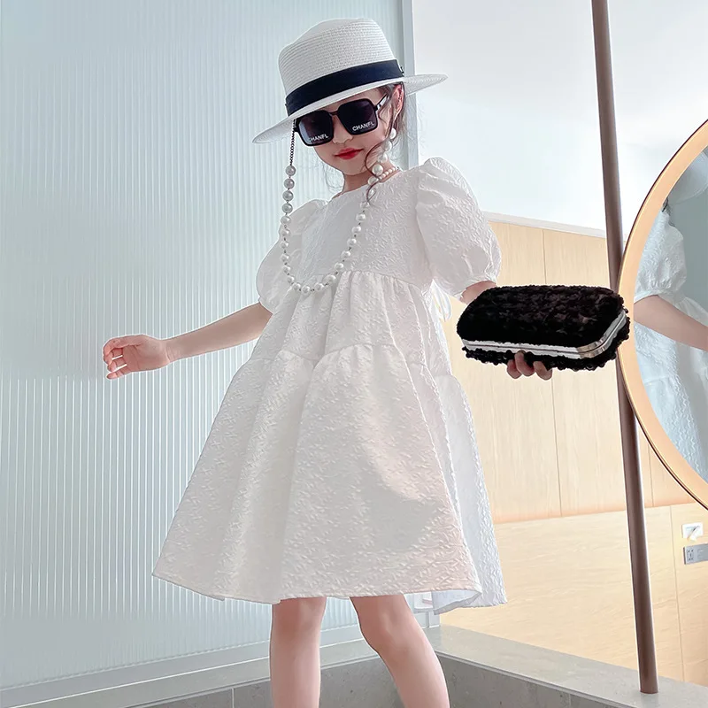 

2023 New Summer Girls' Dress Big Boys Korean Edition Thin Sweet Bubble Sleeves White Fashion Princess Dress