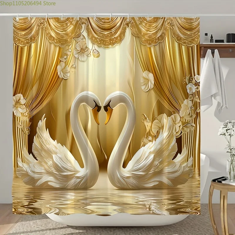 

1/4pcs Golden 3D Swan Print Creative Shower Curtain Set, Decorative Bathroom Set Includes Shower Curtain, Non-Slip Floor Mat,