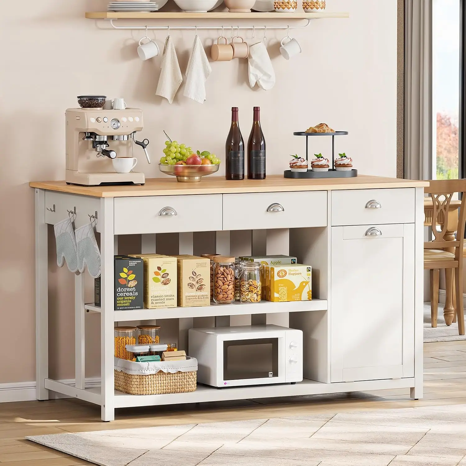 59" Kitchen Island with Storage, Solid Rubberwood Tabletop | Island Table with Power Outlet, 2-Tier Open Shelves, 3, Customized - view 3