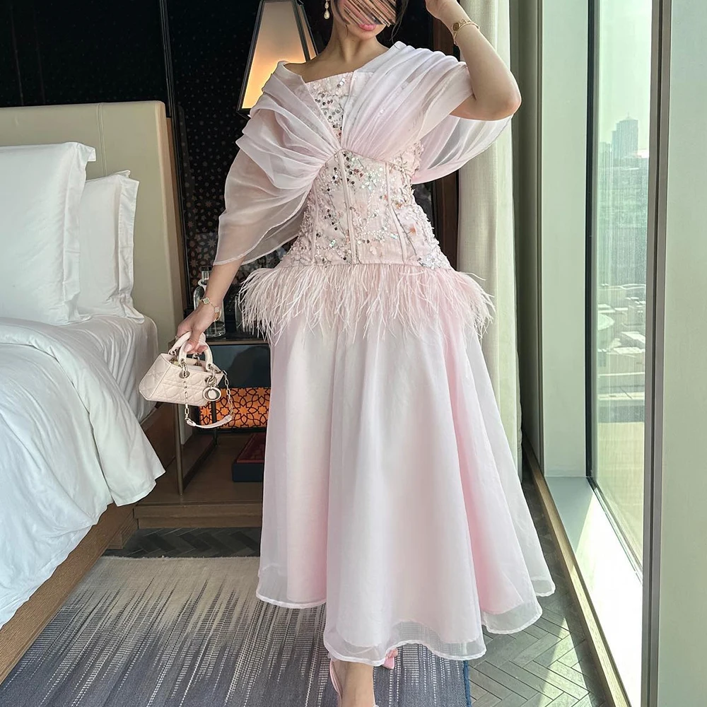 

Customized Exquisite Ankle Length Feathers Sequined Pleats Evening Dress Graceful A-Line Off the Shoulder Photo Color Party Gown