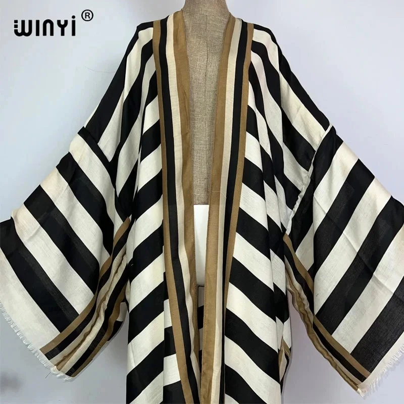 Winyi Kimono Afrika Sommer Boho Streifen Druck Strand Bade bekleidung elegante Strickjacke sexy Urlaub Maxi Strand tragen Badeanzug Abendkleid