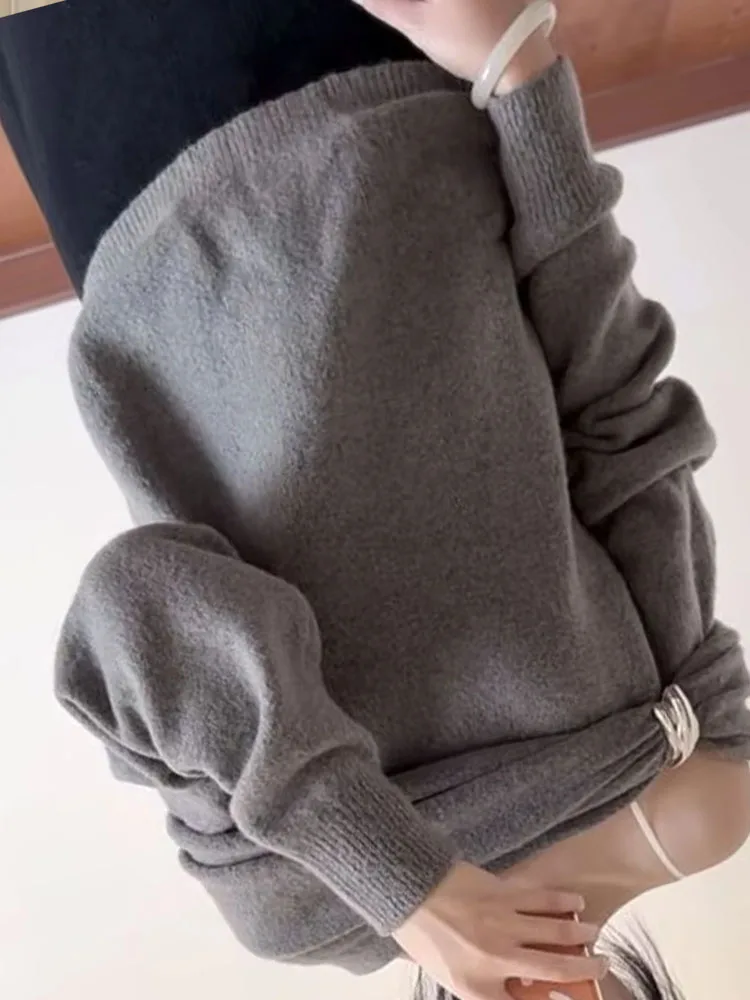 Damski sweter na jesień, casualowy, z długim rękawem, dekolt typu slash neck, dzianinowy, modny, jednolity kolor, streetwearowy top.