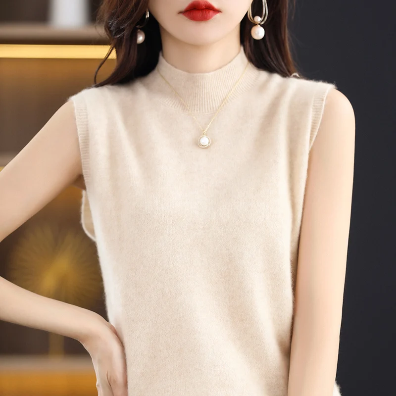 2023 Winter 100% Cashmere Knitwears Women Vests Winter New Fashion High Collar Pullovers  Ladies Cashmere Vest SWS01