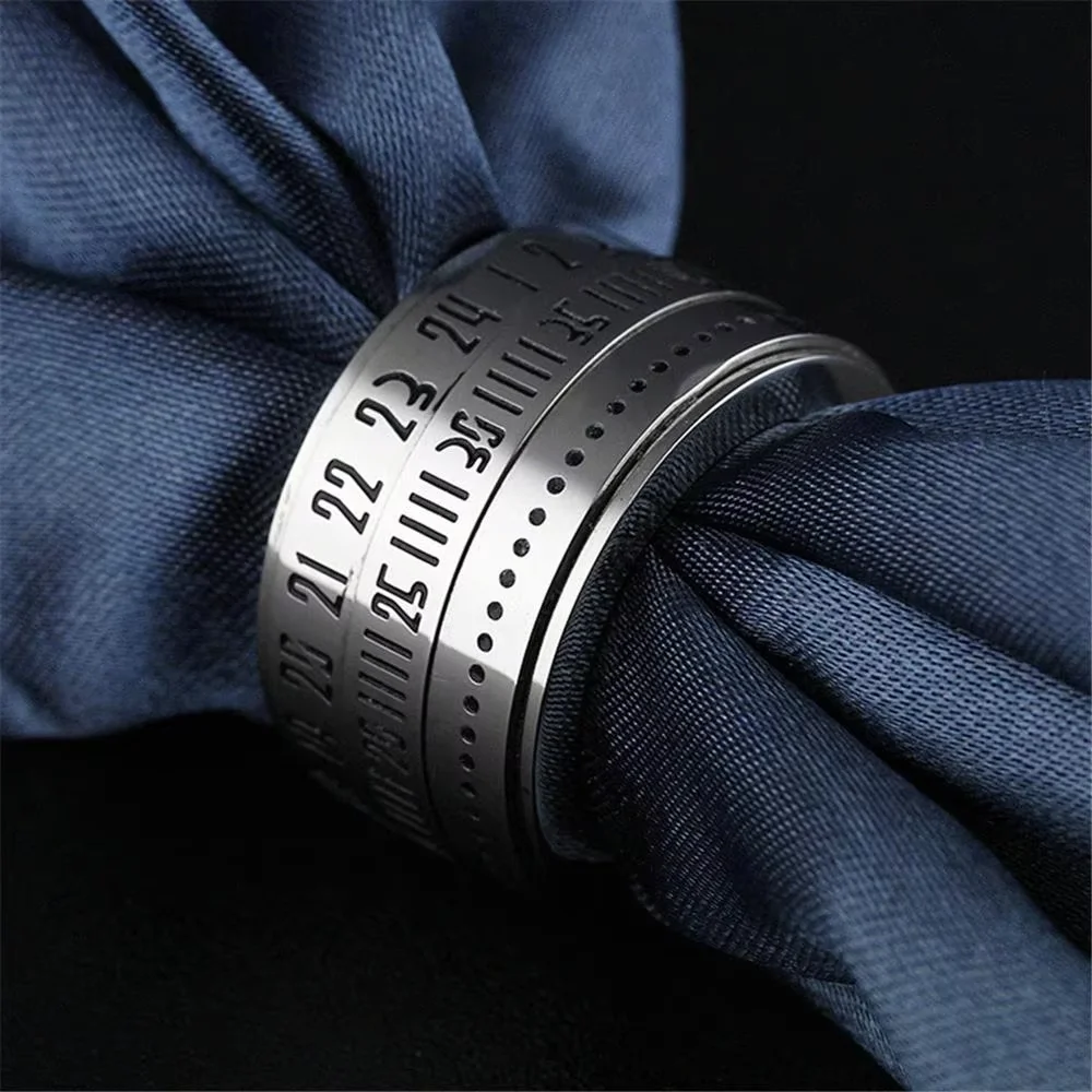 Vintage Stainless Steel Calendar Rotatable Roman Numerals Ring For Men Woman Punk Spinner Rings Jewelry Gifts