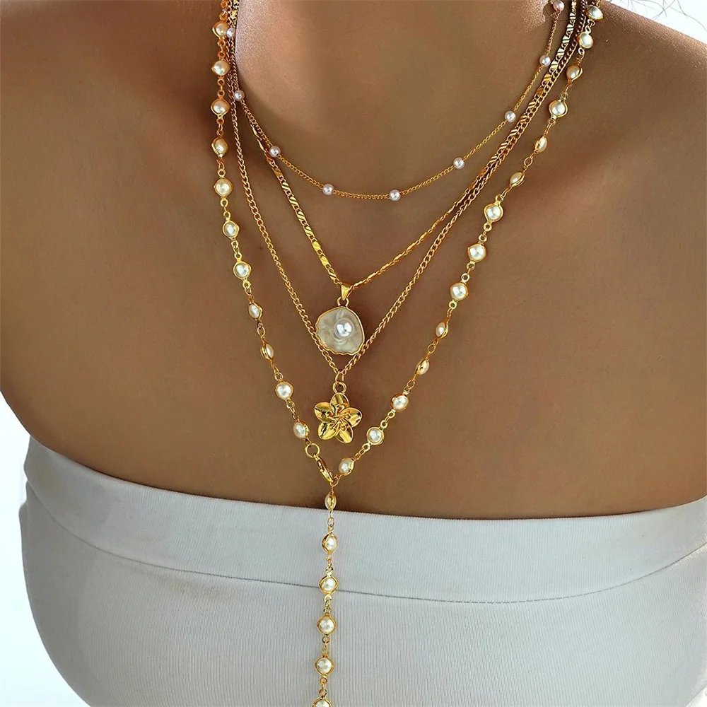 4pcs Vintage Bohemian Metal Shell Pearl Flower Pendant Tassel Necklace Set for Women Daily Wear Beach Vacation Jewelry Gifts New